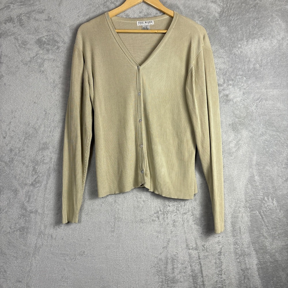 Vintage Cardigan Silk Ribbed Knit Large Beige V-Neck Button Front 90s Y2K